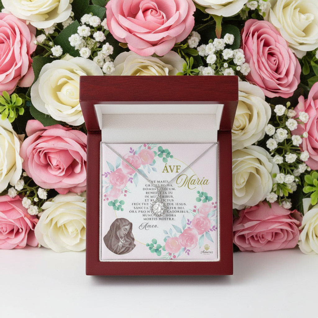 Áve María Necklace with LATIN Prayer Card (with accents)