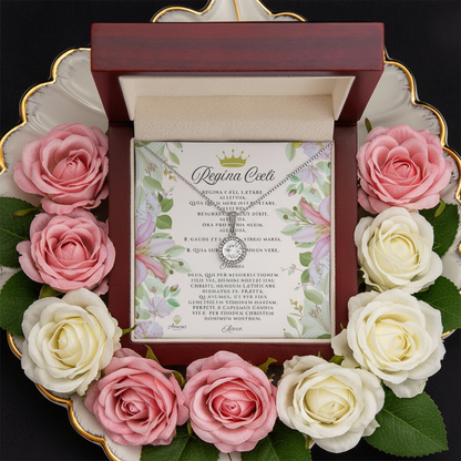 Collier Espoir Éternel Regína Cæli avec carte de prière latine (avec accents)
