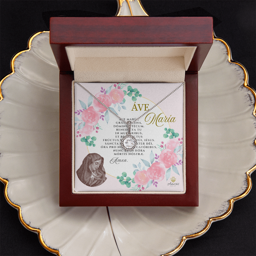 Áve María Eternal Hope Necklace with LATIN Prayer Card (with accents)