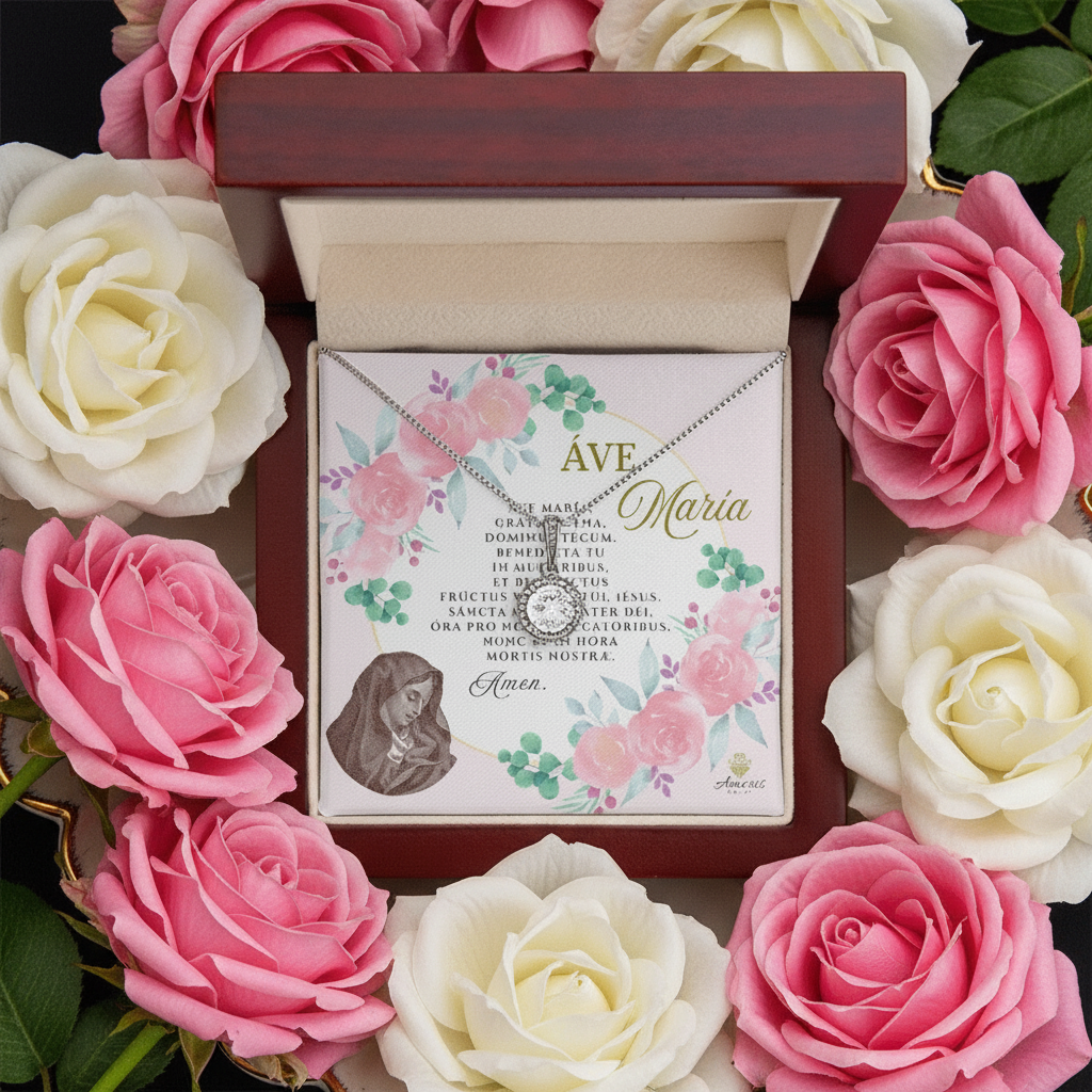 Áve María Necklace with LATIN Prayer Card (with accents)