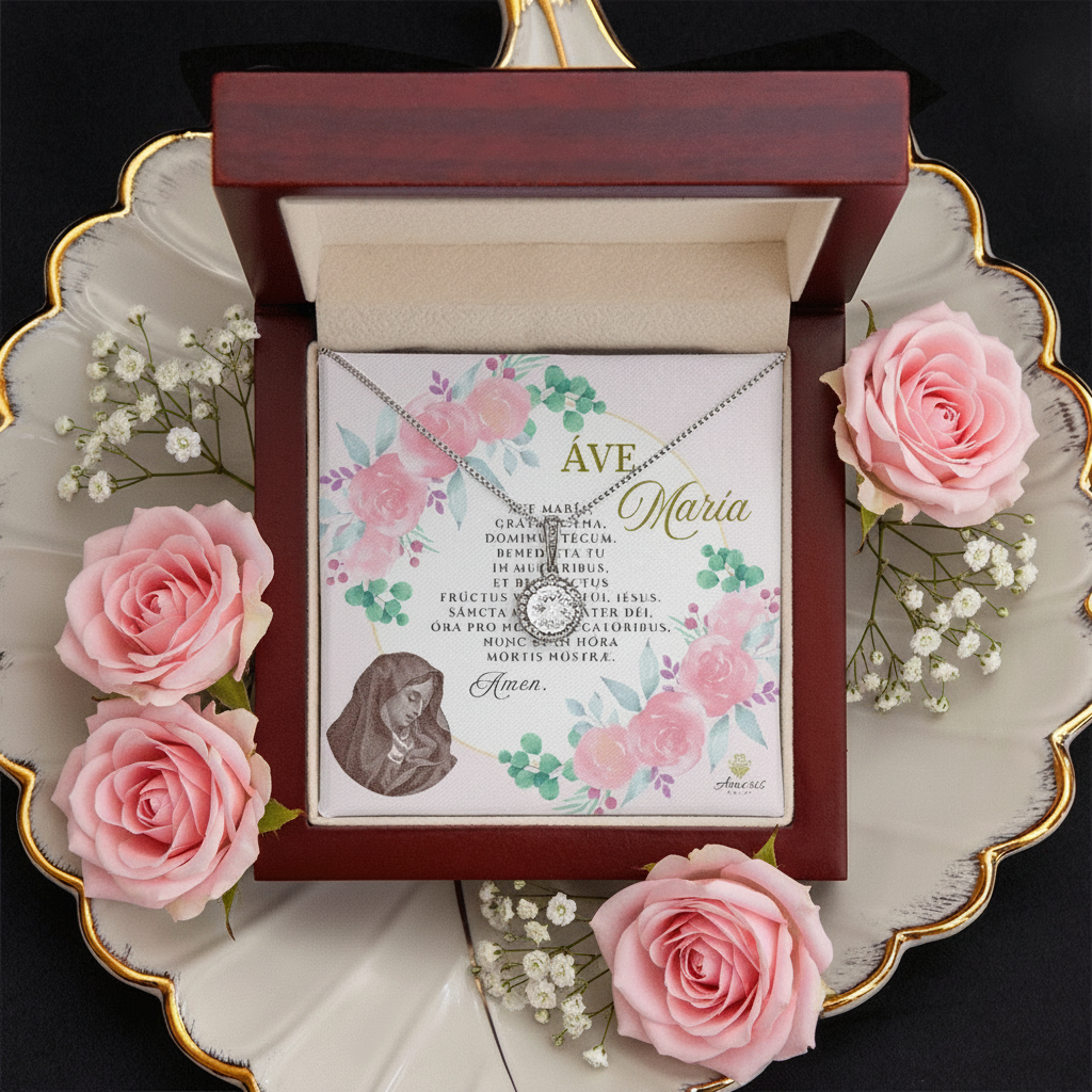 Áve María Necklace with LATIN Prayer Card (with accents)