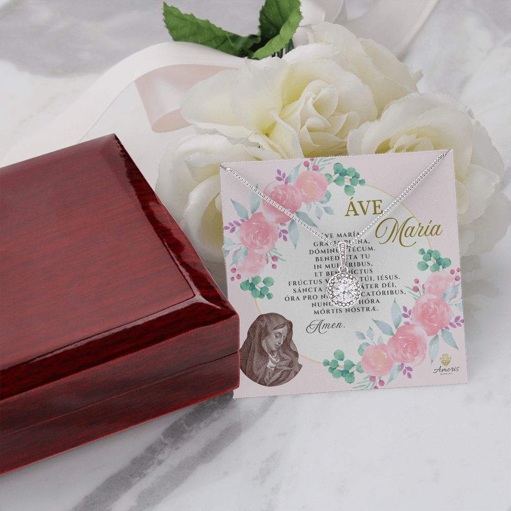 Áve María Eternal Hope Necklace with LATIN Prayer Card (with accents)