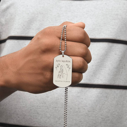 Ave Maria Gratia Plena Tag Necklace with Personalized Engraving