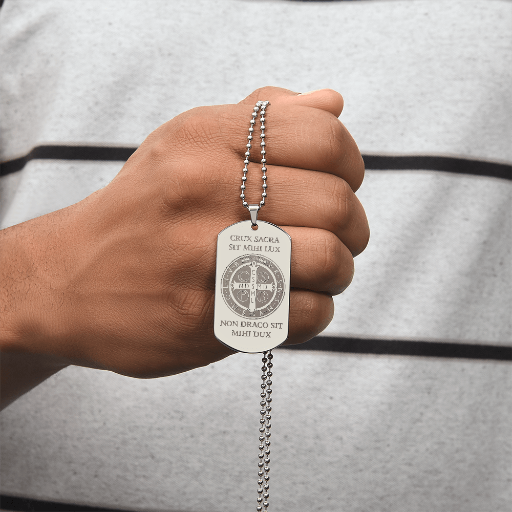 Saint Benedict Medal Tag Necklace with Personalized Engraving