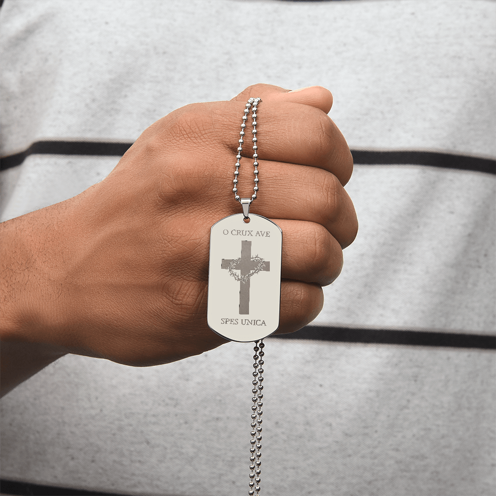 "O Crux ave, spes unica" Cross Tag Necklace with Personalized Engraving