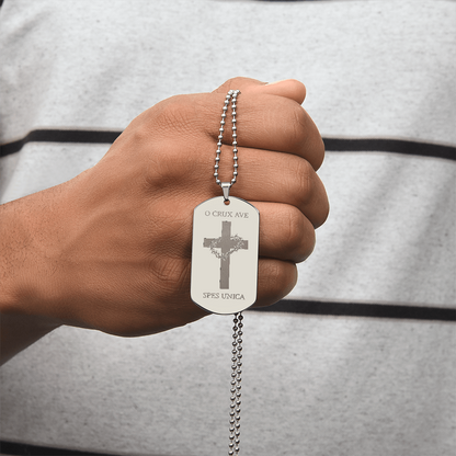 "O Crux ave, spes unica" Cross Tag Necklace with Personalized Engraving