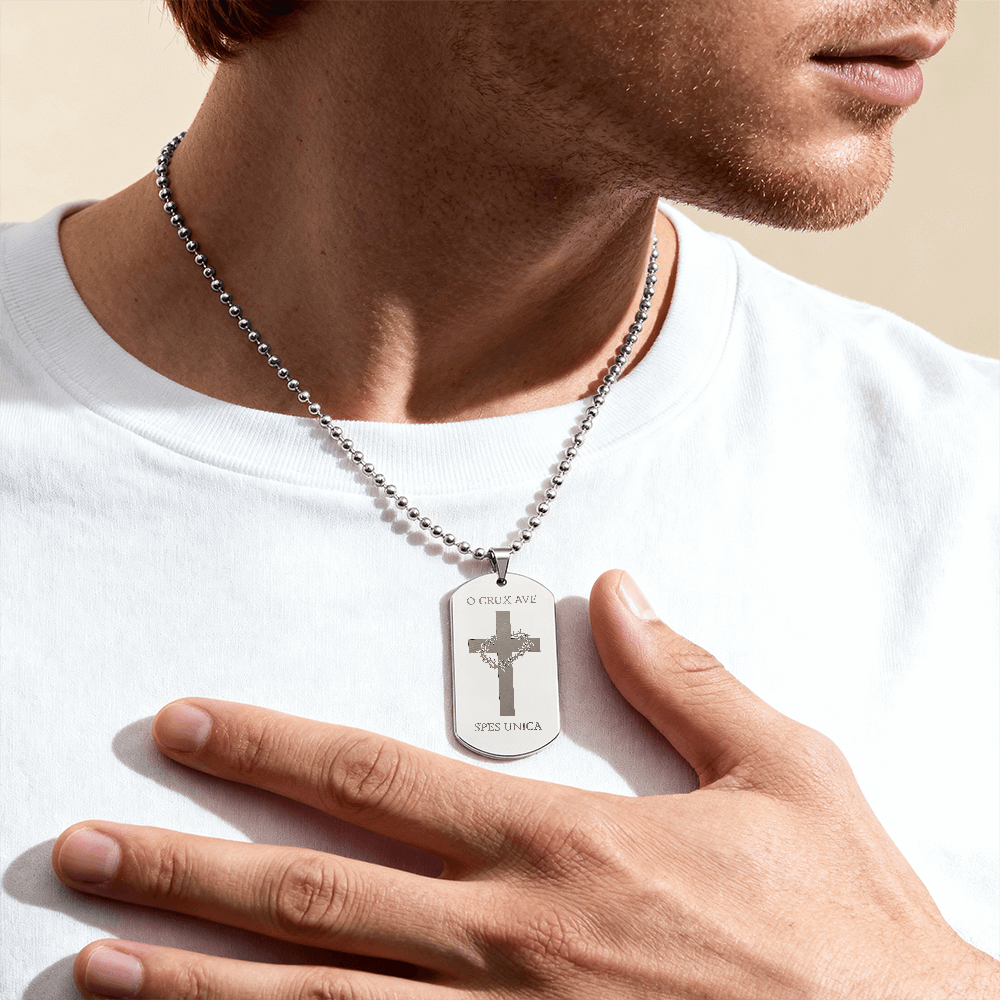 "O Crux ave, spes unica" Cross Tag Necklace with Personalized Engraving