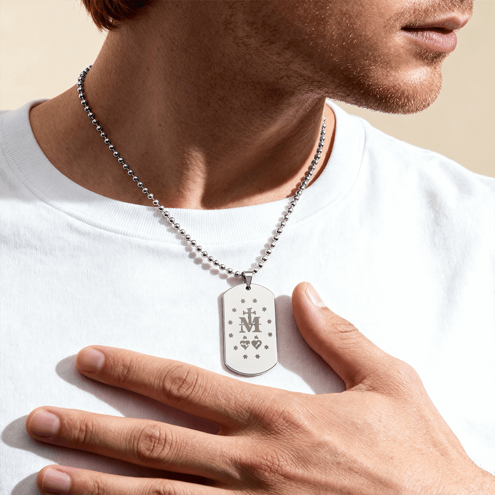 Miraculous Medal Verso Tag Necklace with Personalized Engraving
