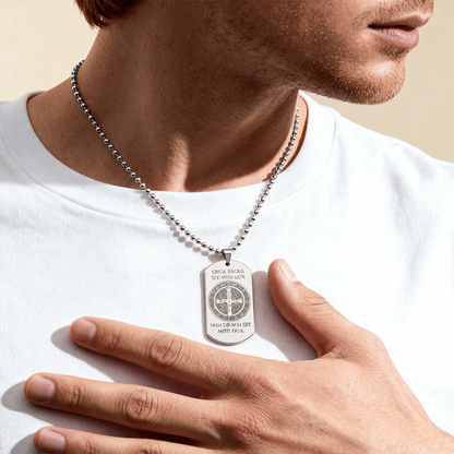 Saint Benedict Medal Tag Necklace with Personalized Engraving