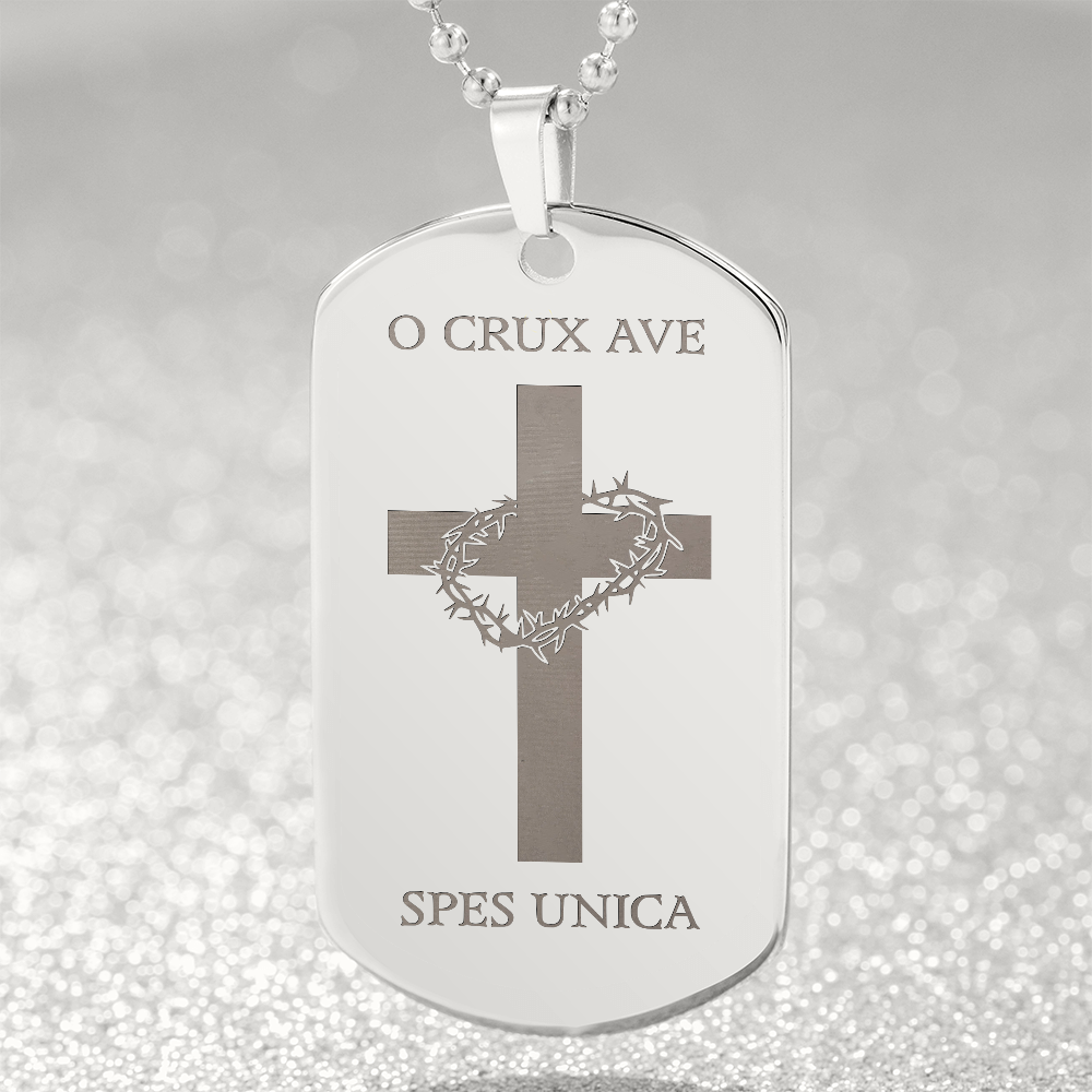 "O Crux ave, spes unica" Cross Tag Necklace with Personalized Engraving
