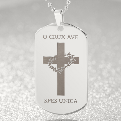 "O Crux ave, spes unica" Cross Tag Necklace with Personalized Engraving