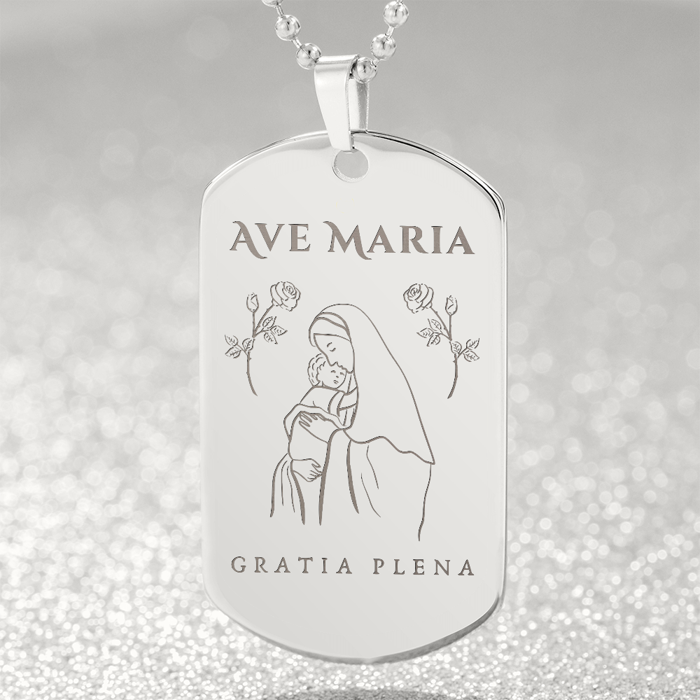Ave Maria Gratia Plena Tag Necklace with Personalized Engraving