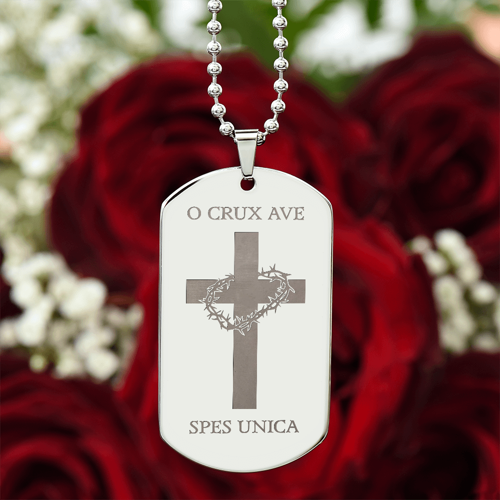 "O Crux ave, spes unica" Cross Tag Necklace with Personalized Engraving