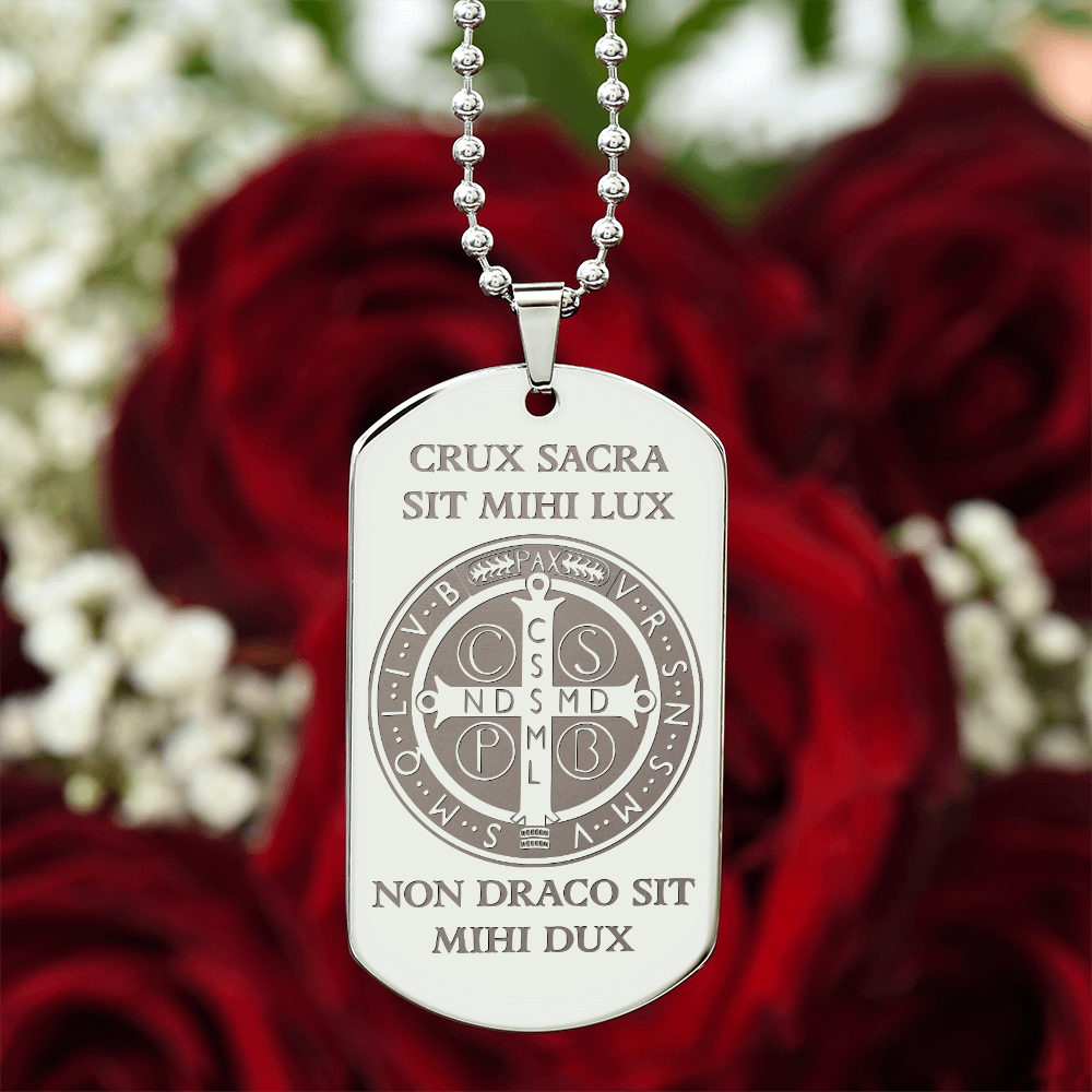 Saint Benedict Medal Tag Necklace with Personalized Engraving