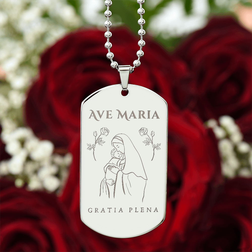 Ave Maria Gratia Plena Tag Necklace with Personalized Engraving