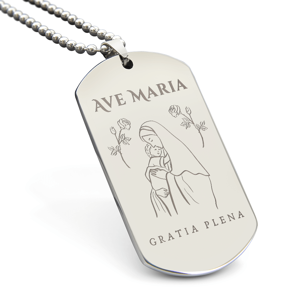 Ave Maria Gratia Plena Tag Necklace with Personalized Engraving