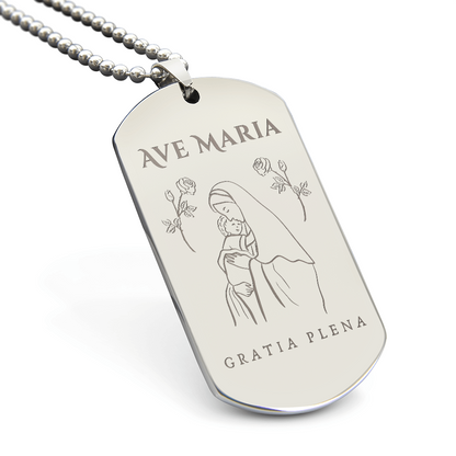 Ave Maria Gratia Plena Tag Necklace with Personalized Engraving