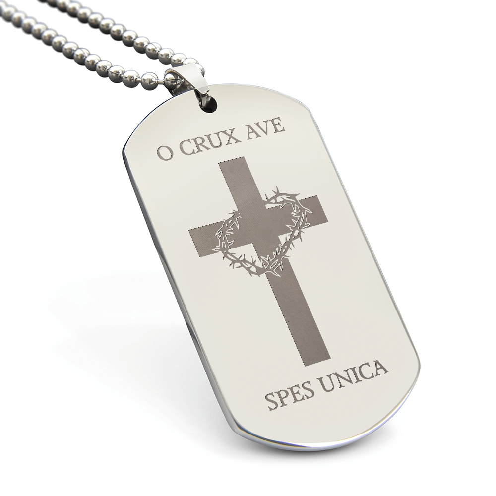"O Crux ave, spes unica" Cross Tag Necklace with Personalized Engraving