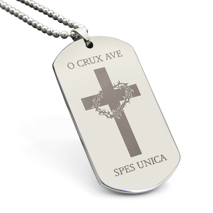 "O Crux ave, spes unica" Cross Tag Necklace with Personalized Engraving