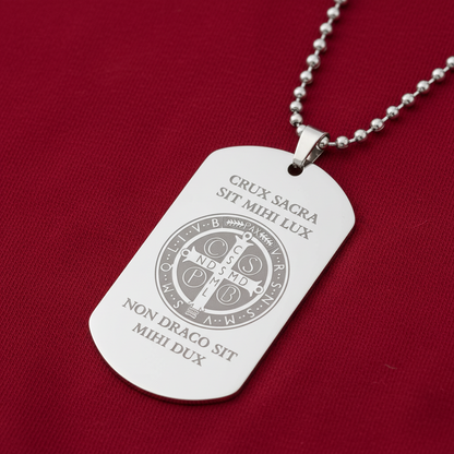 Saint Benedict Medal Tag Necklace with Personalized Engraving