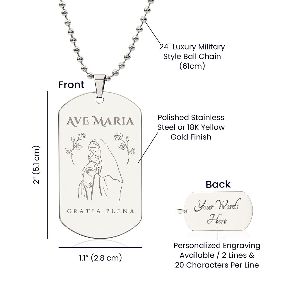 Ave Maria Gratia Plena Tag Necklace with Personalized Engraving