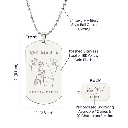 Ave Maria Gratia Plena Tag Necklace with Personalized Engraving