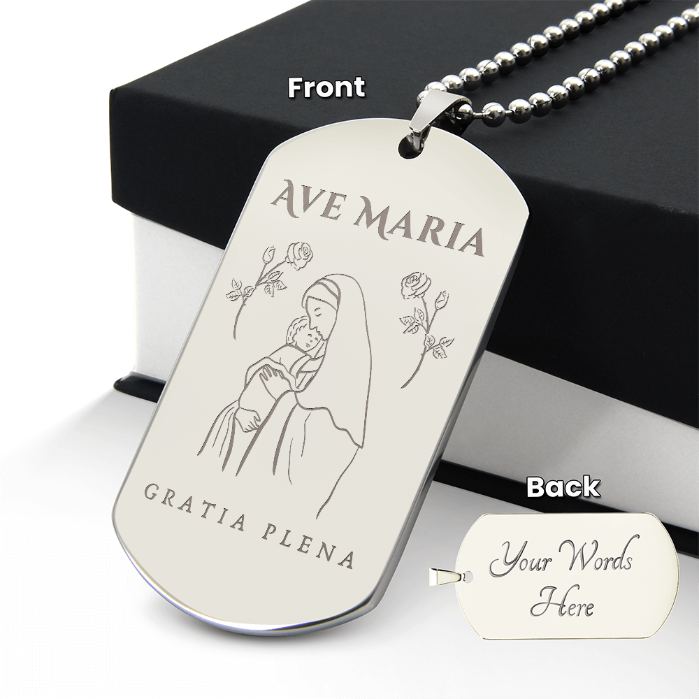 Ave Maria Gratia Plena Tag Necklace with Personalized Engraving