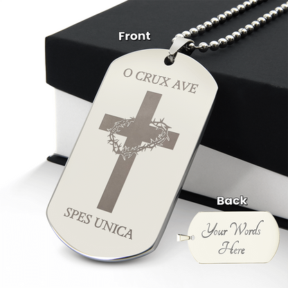 "O Crux ave, spes unica" Cross Tag Necklace with Personalized Engraving
