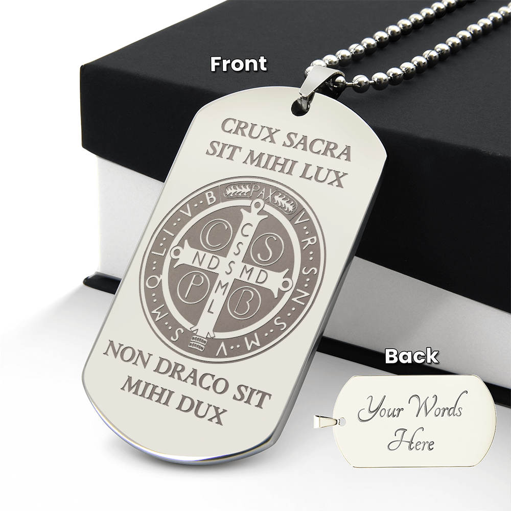 Saint Benedict Medal Tag Necklace with Personalized Engraving