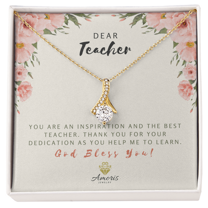 Collar con tarjeta con mensaje "Querido Maestro, Dios te bendiga"