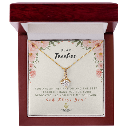 Collar con tarjeta con mensaje "Querido Maestro, Dios te bendiga"