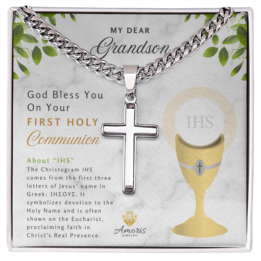 My Dear Grandson First Holy Communion Engraved Cross Necklace
