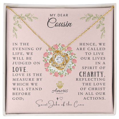 Collar de nudo de amor "Mi querido primo" con cita de San Juan de la Cruz