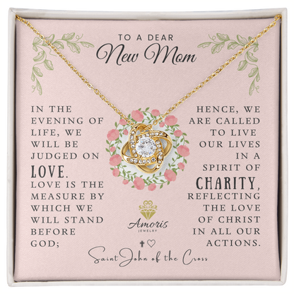 Collar con nudo de amor para una querida nueva mamá con cita de San Juan de la Cruz