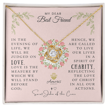 Collier avec nœud d'amour « Mon cher meilleur ami » et citation de Saint Jean de la Croix