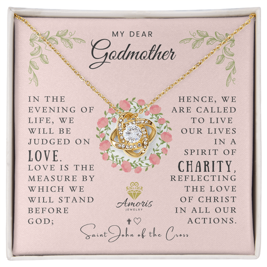 My Dear Godmother Love Knot Necklace with Saint John of the Cross Quote