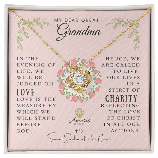 My Dear Great-Grandma Love Knot Necklace with Saint John of the Cross Quote