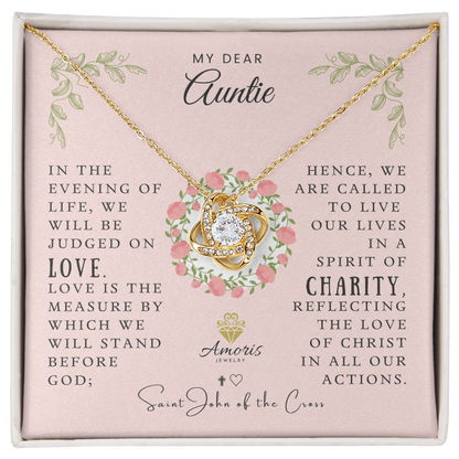 Collier « Ma chère tante » avec un nœud d'amour et une citation de Saint Jean de la Croix