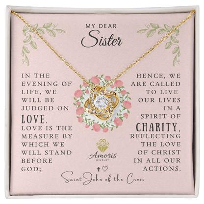 Collar de nudo de amor "Mi querida hermana" con cita de San Juan de la Cruz