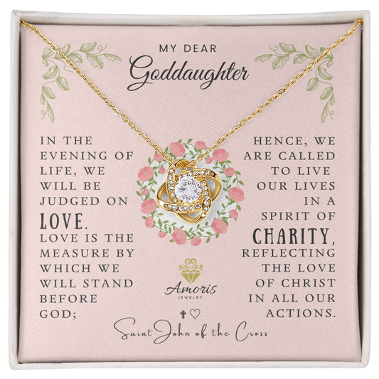 My Dear Goddaughter Love Knot Necklace with Saint John of the Cross Quote