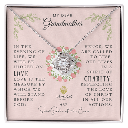Collier avec nœud d'amour « Ma chère grand-mère » et citation de Saint Jean de la Croix