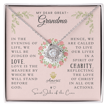 My Dear Great-Grandma Love Knot Necklace with Saint John of the Cross Quote