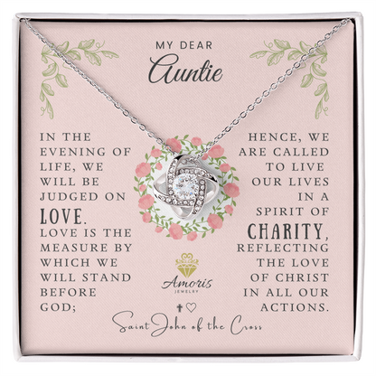 Collier « Ma chère tante » avec un nœud d'amour et une citation de Saint Jean de la Croix