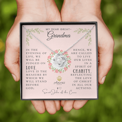My Dear Great-Grandma Love Knot Necklace with Saint John of the Cross Quote