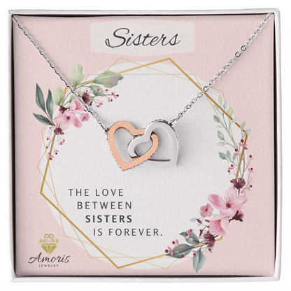 Collier Sisters Forever avec cœurs entrelacés et carte de message 