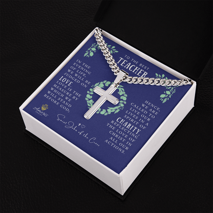 To the Best Teacher Cuban Chain Artisan Cross Necklace with Saint John of the Cross Quote
