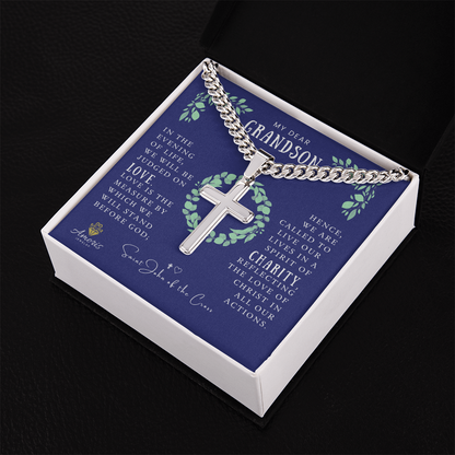 My Dear Grandson Cuban Chain Artisan Cross Necklace with Saint John of the Cross Quote