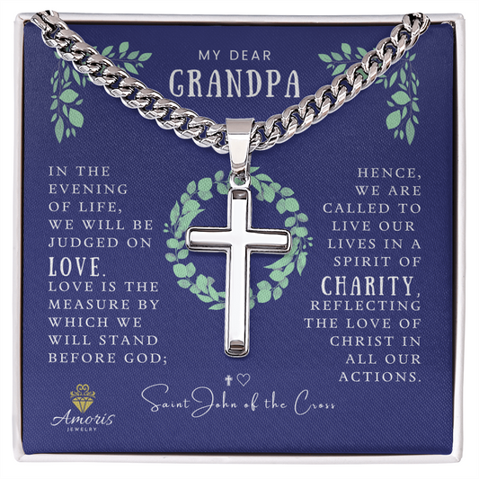 My Dear Grandpa Cuban Chain Artisan Cross Necklace with Saint John of the Cross Quote