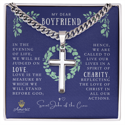 My Dear Boyfriend Cuban Chain Artisan Cross Necklace with Saint John of the Cross Quote