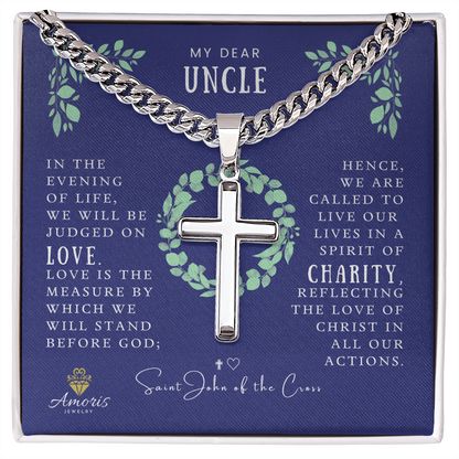 Collar de cruz artesanal de cadena cubana Mi Querido Tío con cita de San Juan de la Cruz